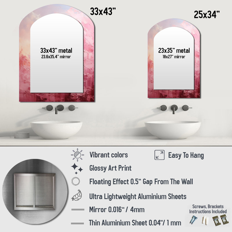 «Pink Horizon», miroir asymétrique paysager, miroir mural décoratif en arche rose, impression d'art en métal, 43 po x 33 po