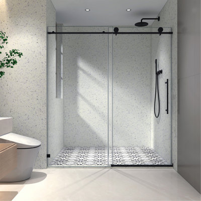 Matte Black frameless one fixed and one shifted Shower Door, 70MM 304 stainless steel large pulleys with adjustable soft closing function