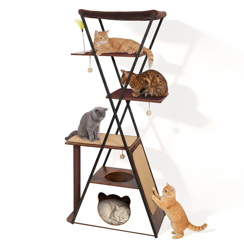 Arbre à chat 71 po industriel moderne: tour en bois multi-niveaux avec structure en métal et patins lavables, Brun / Blanc