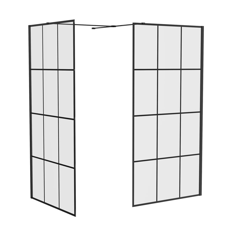 Black Grid Walk In Shower Enclosure Wet Room Glass Screen Pack 1000mm and 1000mm Panels