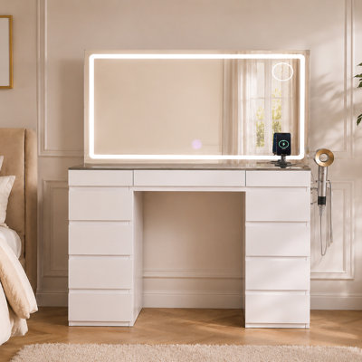Big Vanity with Glass Top, Large Mirror, LED Lights, Outlet and 11 Drawers