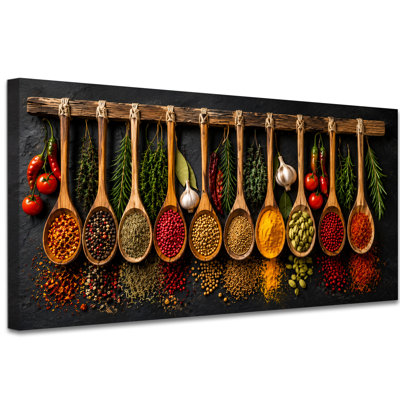 Extra Large Colorful Spices Kitchen Canvas Wall Art, Vivid Spice Spoon Arrangement for Kitchen Or Restaurant, Horizontal Gallery Wrapped Decor, Ready to Hang, 24 x 48 Inch