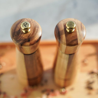 Premium Acacia Wood Salt And Pepper Mill Set With Adjustable Ceramic And Stainless Steel Grinders, 8-Inch Kitchen Grinder Set For Fresh Spices