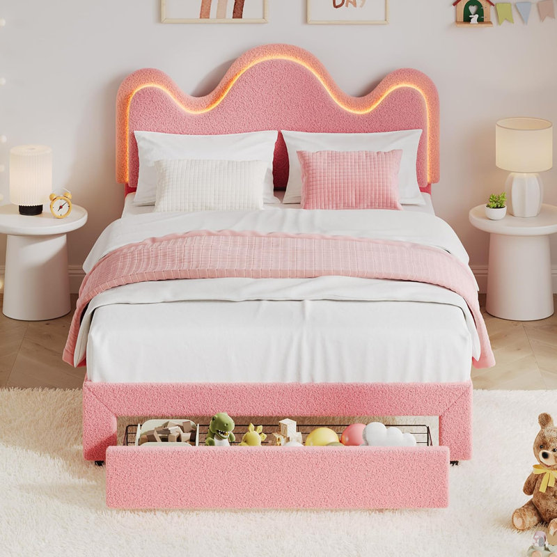 Lit plateforme double tapissier en velours avec lumière DEL, lattes de bois, chambre d'enfant, Lit double, Rose