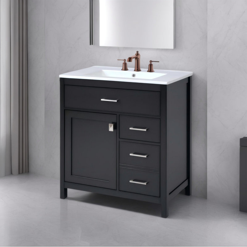 Meuble-lavabo de 30 po avec comptoir en céramique et grand rangement, Noir, noir, noir, noir, Argent argent
