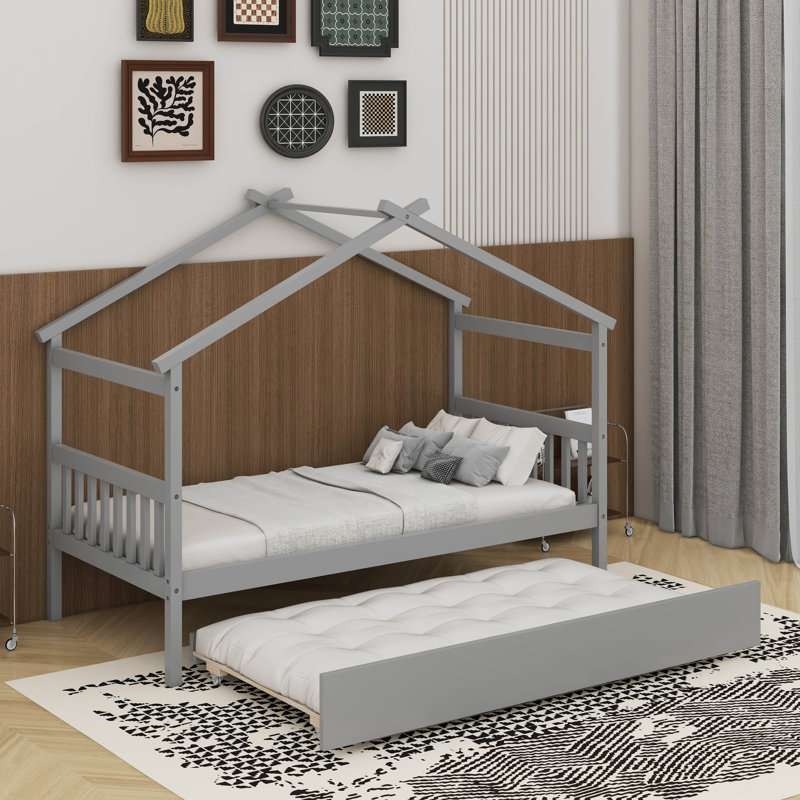 Lit simple en bois avec lit gigogne simple, Gris, Lit simple