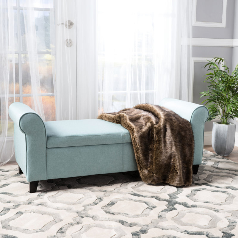 Banc de rangement avec repose-pieds Jacob, accoudoirs roulés, tissu bleu, noir, 50 po