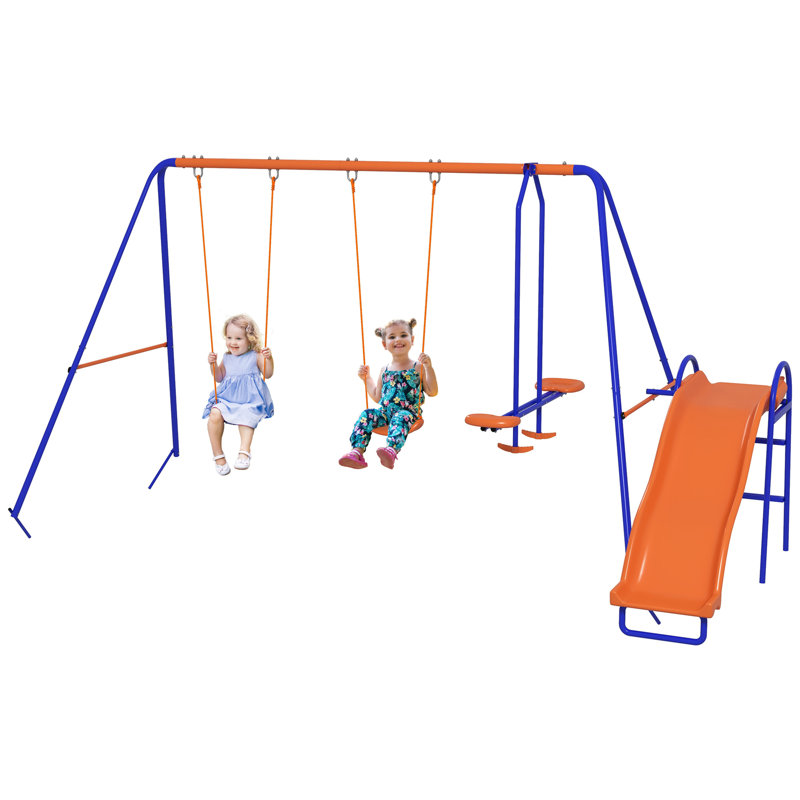 4 in 1 Metal Swing Set with Double Swings, Glider, Slide, Ladder