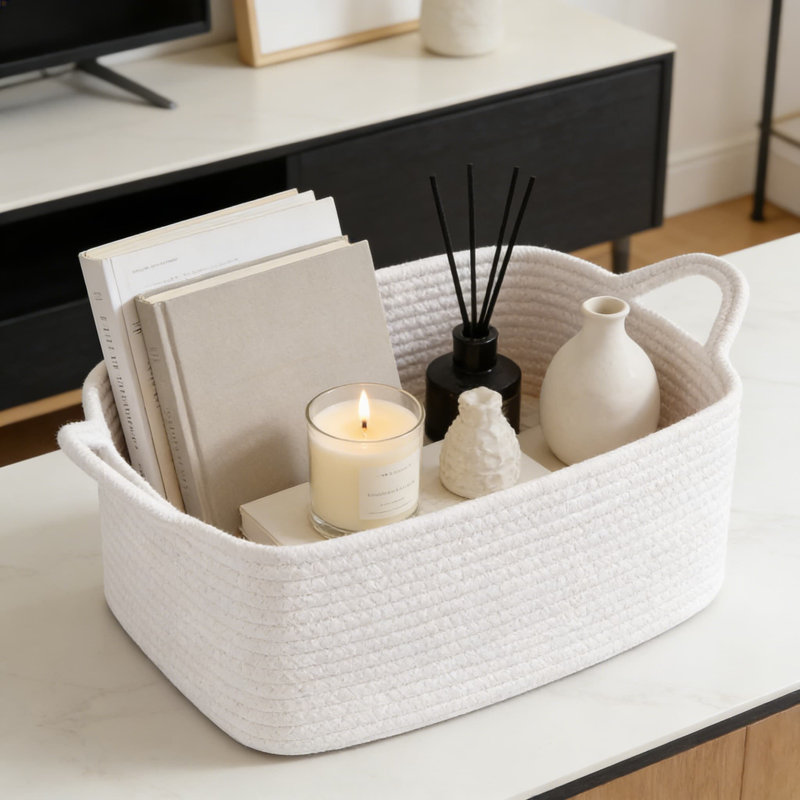 Woven Storage Basket With Handles, Natural Cotton Gift Basket For Baby Showers, Nursery Organization, Pet Toys, And Home Decor