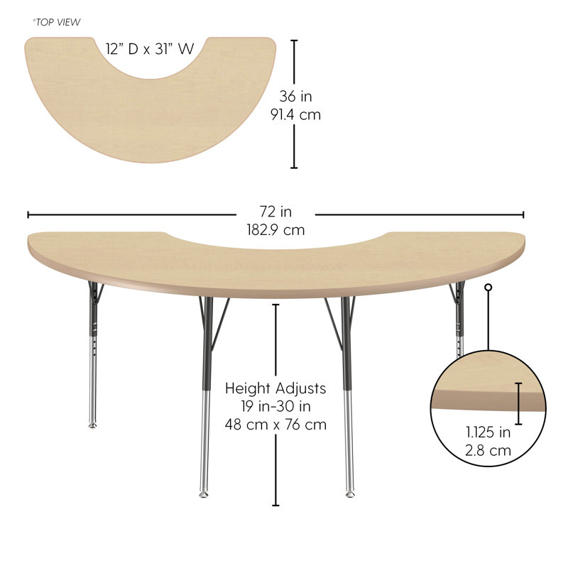 Table d'activité 36 "x 72" demi-lune thermofusionnée à grain de bois avec pieds standard - bois gris clair / argent