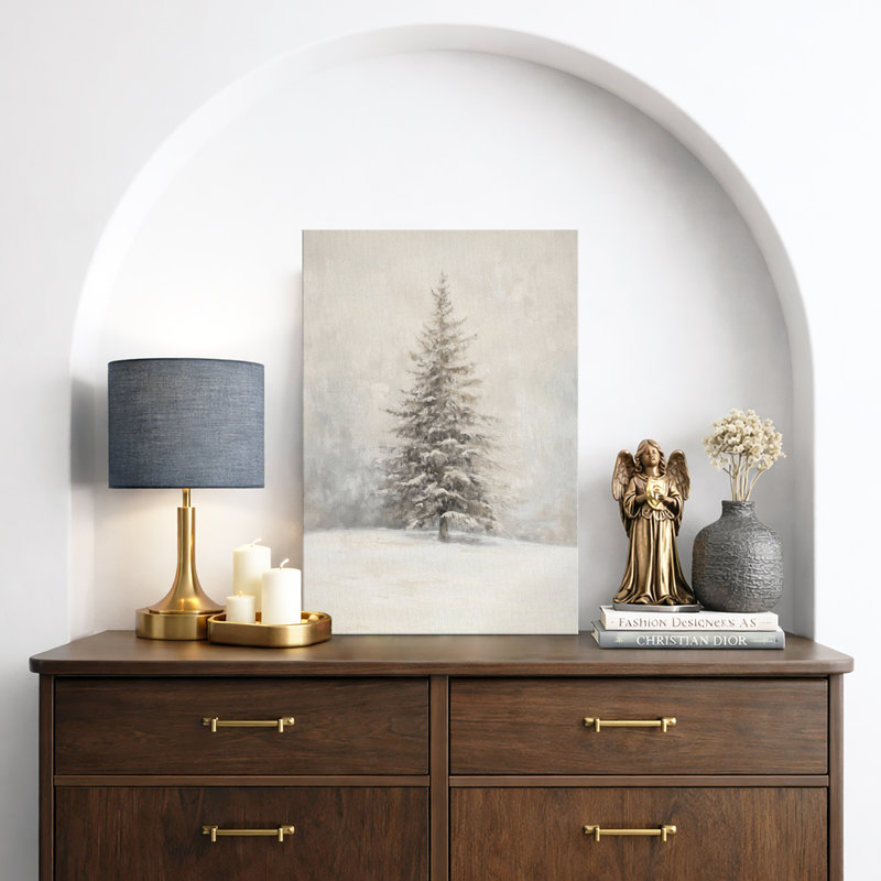 Œuvre de sapin enneigé enneigé, photos murales neutres de vacances rustiques modernes, impression sur toile encadrée