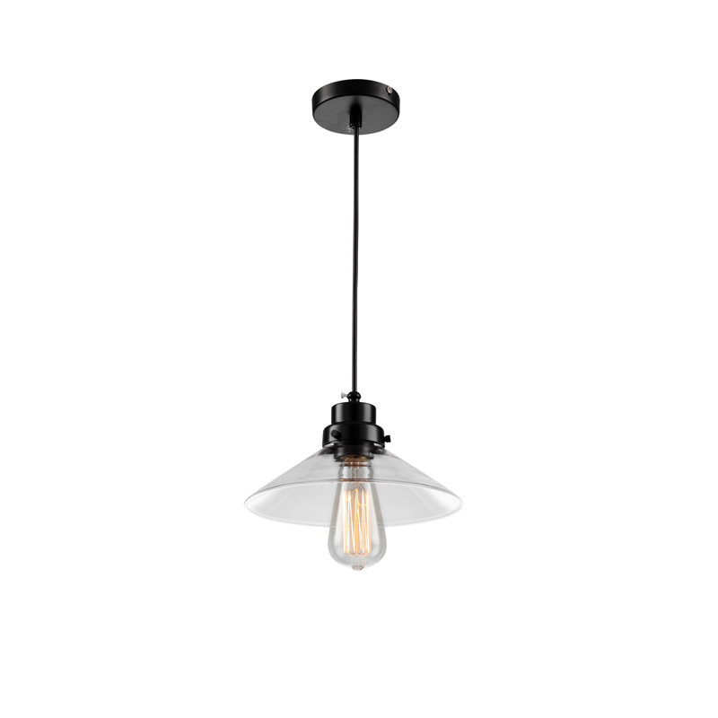 Luminaire suspendu 1 lumière noir avec abat-jour en verre transparent