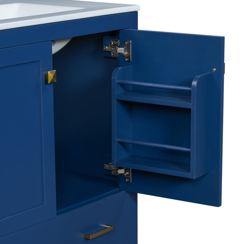 Ensemble de meuble-lavabo 60 po avec lavabo double et portes à fermeture en douceur 60 po, Bleu / doré