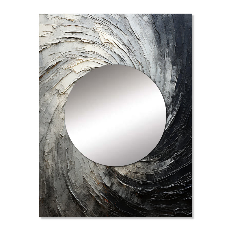 Leechburg Grey Black Meditative Movement - Abstract Spirals Wall Mirror, Gray Decorative Mirror, Printed Metal Art, 32" x 24"