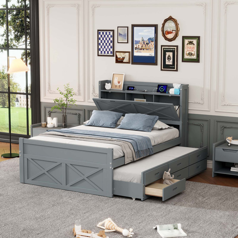 Lit en bois avec tête de lit avec prises de courant et lit gigogne simple, Gris, Double