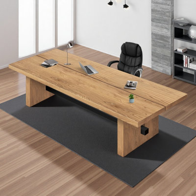 Modern Minimalist Solid Wood Office Desk And Chair Set Natural Wood Desk Paired With Black Pu Leather Manager Chair Home Office And Study Furniture Combination