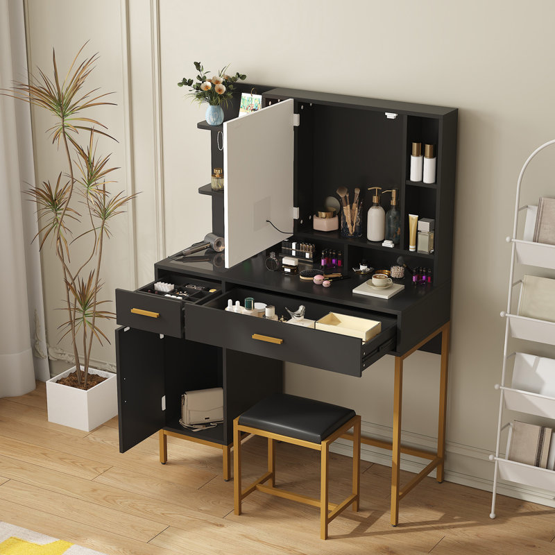 Ensemble de coiffeuse avec lumières à DEL, ensemble de coiffeuse blanche moderne avec tabouret moelleux, 3 coiffeuses avec 2 tiroirs, tablettes ouvertes, armoire et station de charge