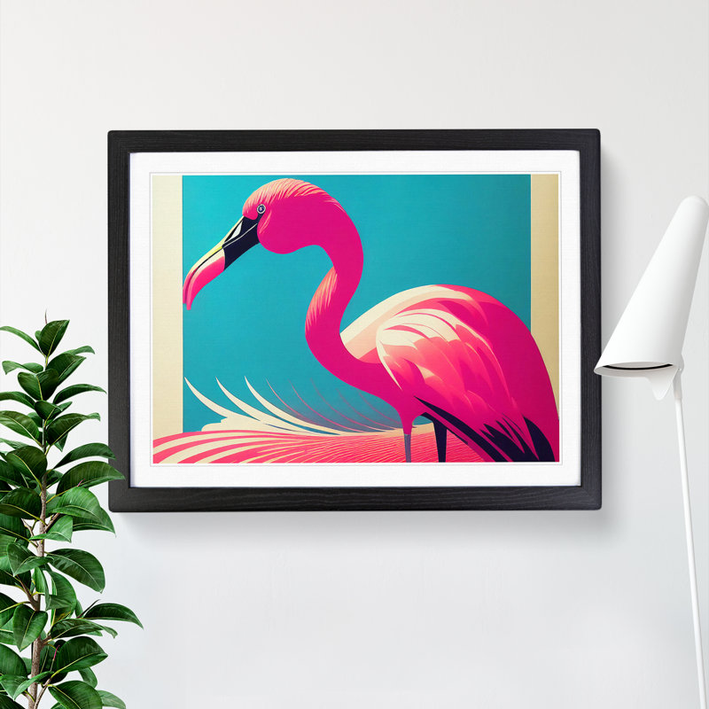 Delightful Flamingo - Single Picture Frame Print, Black, 46cm H x 64cm W x 2cm D