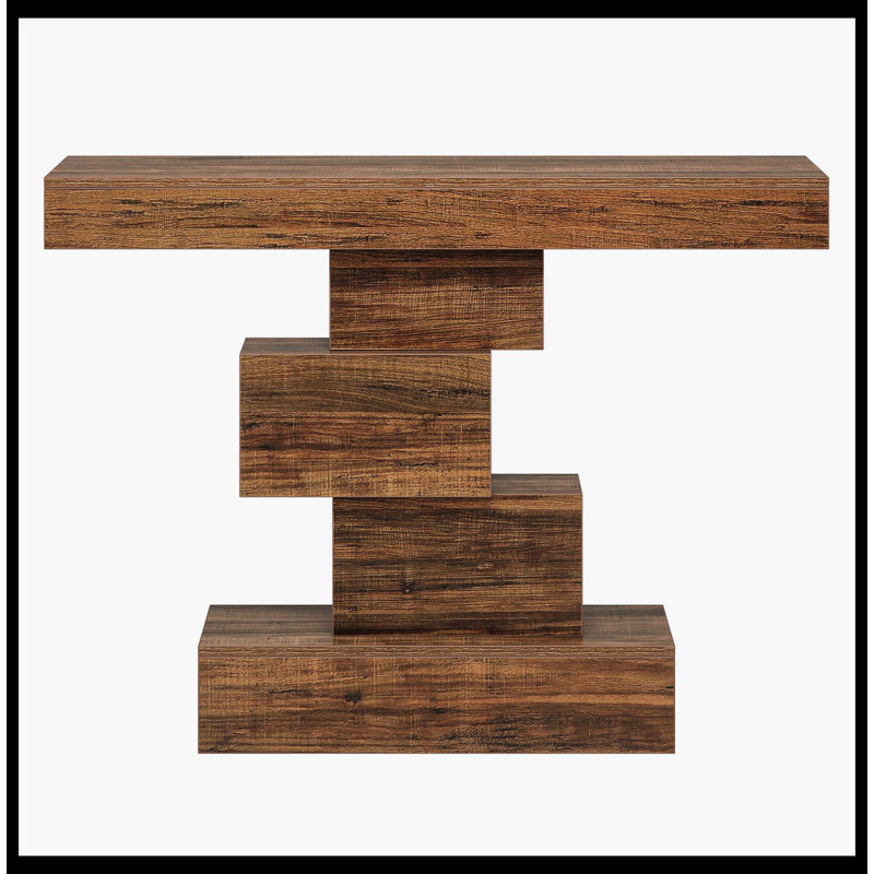 42" Console Table, Wood Sofa Table Accent Table With Geometric Base, Rustic Brown