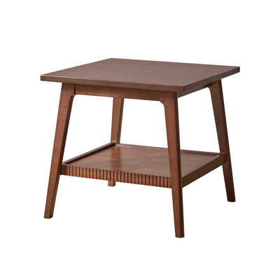 Walnut Rubberwood End Table, 2‑Tier Square Side Table with Open Storage Shelf, Mid‑Century Modern Nightstand for Living Room & Sofa Side