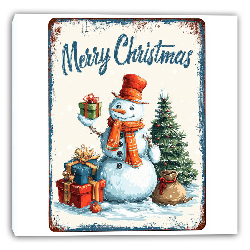 «Merry Snowman with Presents», art mural sur toile tendue, H 24 po x l 16 po
