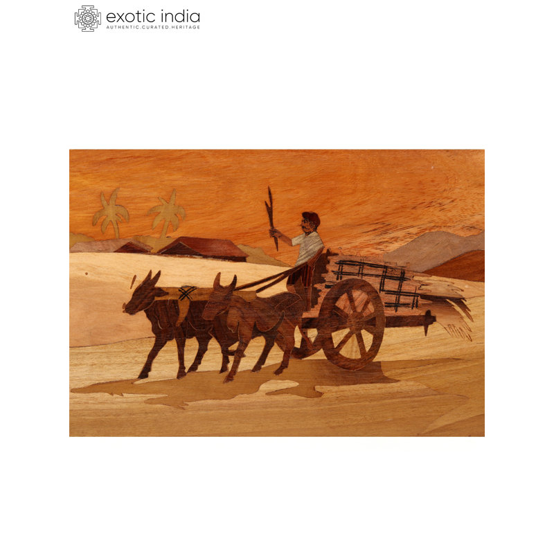 Hand-Carved Loaded Bullock Cart Wood Inlay Wall Art | 20-Inch Rustic Indian Scene Panel