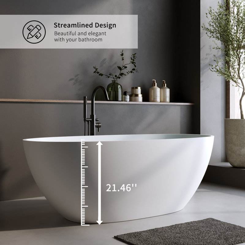 55″Solid Surface Matte Tub, Solid Surface Soaking Tub, Stone Resin Freestanding Bathtub, Thick Edge Stand Alone Tubs With Overflow, Pop-Up Drain