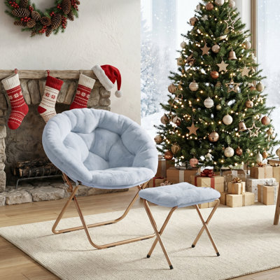 Chaise de soucoupe rembourrée avec repose-pieds, chaise pliante en fausse fourrure Papasan pour salon, chambre à coucher