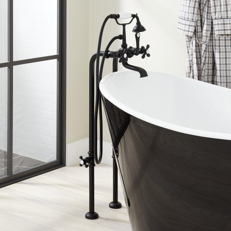 Telephone Style Floor Mounted Tub Faucet with Cross Handles, Matte Black