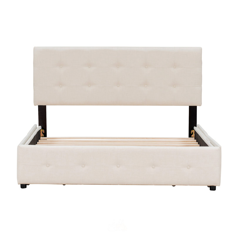 Lit plateforme tapissier avec tête de lit classique et 4 tiroirs, Beige