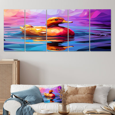 Yellow Duck On Purple Lake - Duck 5 Piece Wall Art Canvas