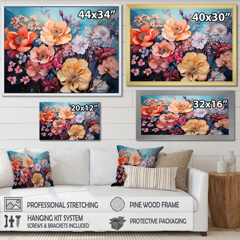 Corail floral symphonie I - abstrait Botanicals Wall Art Living Room, L 32 po x H 16 po, Cadre flottant blanc