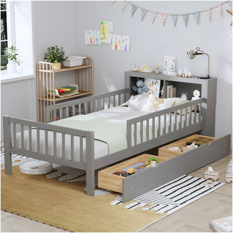Lit simple avec support de tête de lit, deux tiroirs sous le lit, garde-corps à trois côtés pour plus de sécurité, gris, Gris