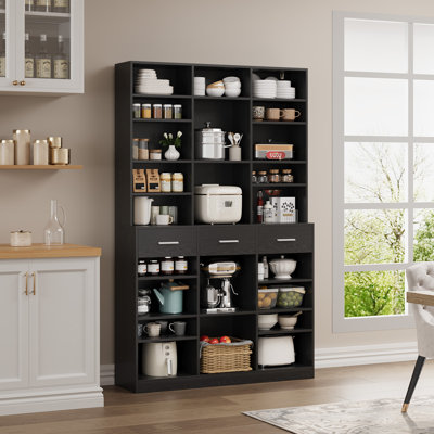 75" Tall Bookcase with Drawers, 47" Wide Large 9-Tier Farmhouse Wooden Bookshelf Storage Cabinet with Adjustable Shelves for Living Room Office, Black