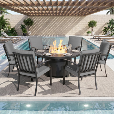 7-Piece Outdoor Fire Pit Dining Set With 48" Aluminum Gas Table (40,000 BTU) & 6 High-Back Stackable Chairs