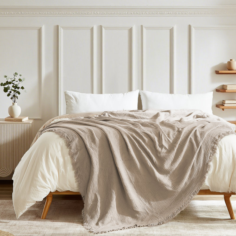 Jeté 100% coton mousseline - 4 couches de gaze tissée avec frange, couverture douce, légère et respirante pour le lit, le canapé ou le voyage