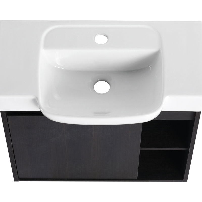 Meuble-lavabo mural 24 po en contreplaqué avec lavabo en céramique blanc et porte à fermeture en douceur, emballage KD, chêne foncé