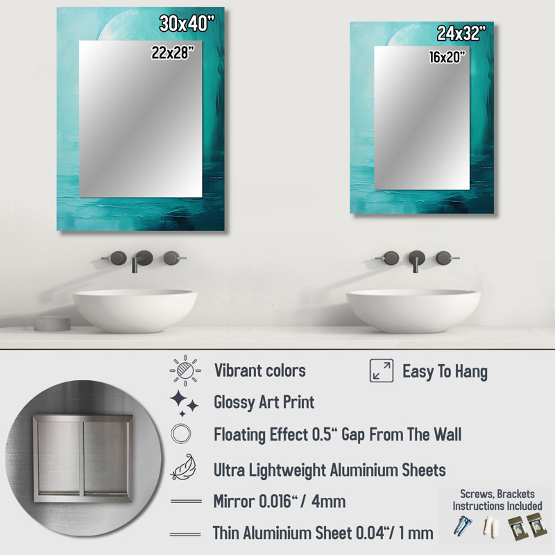 Teal Moon Tranquility I - Moon Decorative Wall Mirror, Blue Large Mirror, Printed Metal Art, 40" x 30"