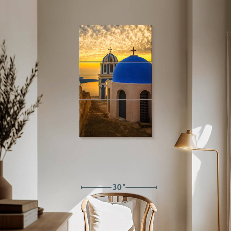 Adella Santorini, églises au crépuscule, H 57 po x l 36 po