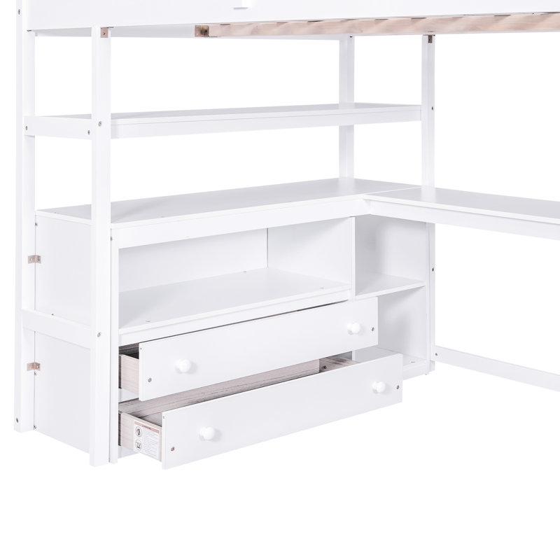 Lit mezzanine double avec bureau, tablettes et tablettes de rangement - Agrégations blanches, Lit double, Blanc