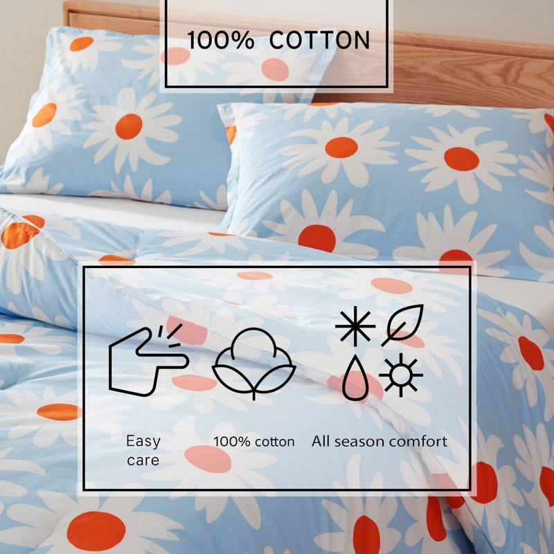 Marimekko Printed Cotton Duvet Cover Set, Queen Duvet Cover + 2 Standard Shams, Blue Floral