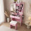 Petit bureau de coiffeuse avec miroir et lumières DEL réglables, prise de courant intégrée et rangement dissimulé, comprend tabouret et tablette rembourrés, coiffeuse pour petites chambres