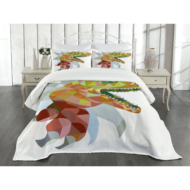 Ambesonne Dinosaur Bedspread Set Colorful Mosaic T-rex Multicolor, King Coverlet / Bedspread + 2 Standard Shams