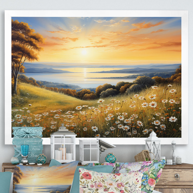 Fleurs blanches et vertes, horizon doré, art mural grand fleurs sauvages, H 12 po x l 20 po x P 1 po, Cadre blanc