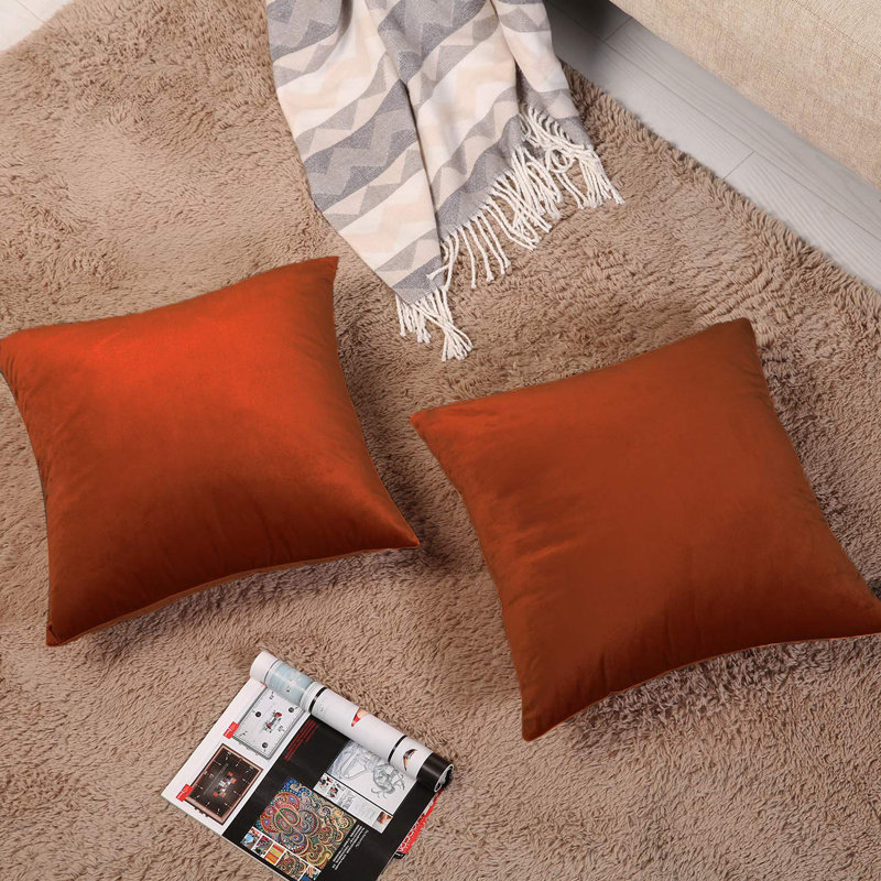 Housse de coussin en velours uni, Orange, H 20 po x l 20 po