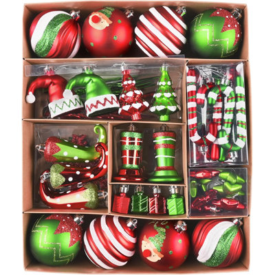  Christmas Ball Ornaments Set, 80ct Elf Red Green White Shatterproof Christmas Tree Decorations, Variety Decorative Hanging Ornaments for Xmas Trees Bulk Holiday Party Decor