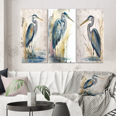 Heron By The Waterside Watercolour I - Heron Wall Art Set of 3