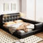 Grand lit tapissier avec 2 lampes de lecture, noir. Cuir haute densité. Vaste espace pour un sommeil confortable. Tête de lit réglable avec lumières noires. Revêtement en cuir. Spacieux et serein