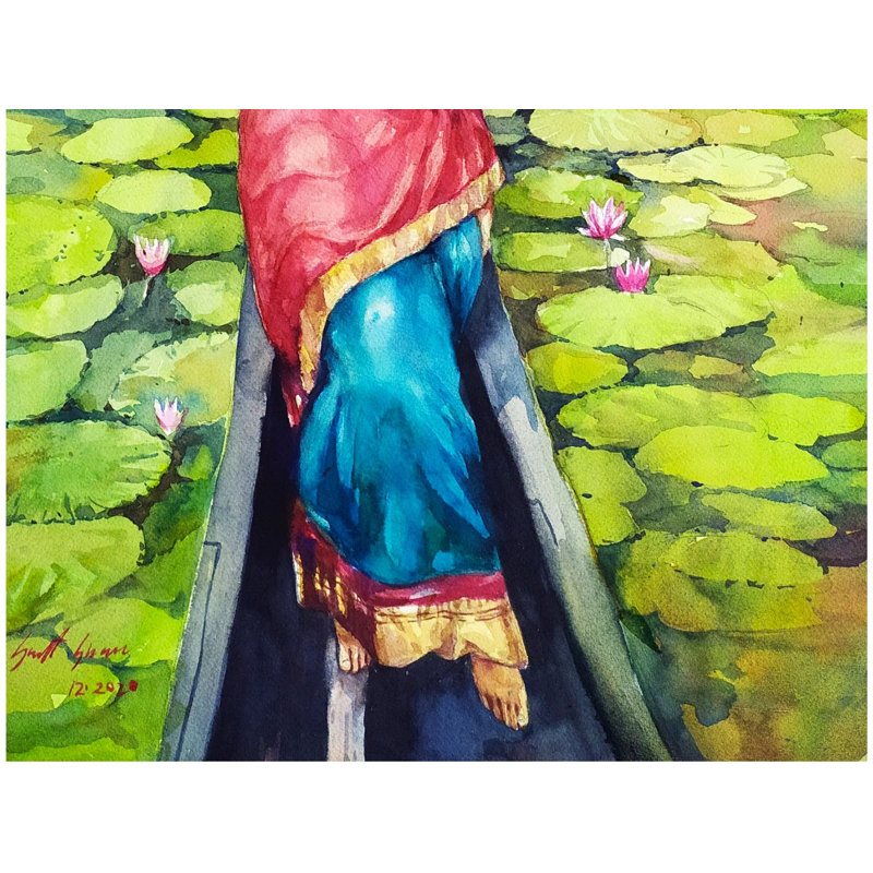 Femme du Kerala sur le lac Lotus | Aquarelle sur papier | Par Sarat Shaw