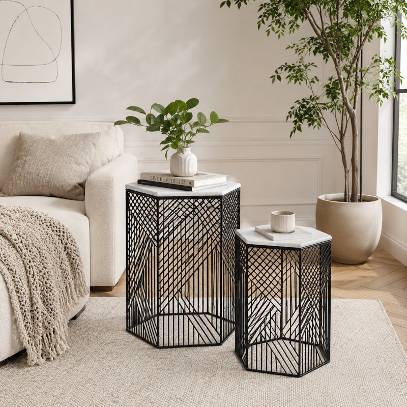 Tables gigognes | Tables d'appoint hexagonales en marbre pour le salon | Ensemble de 2
